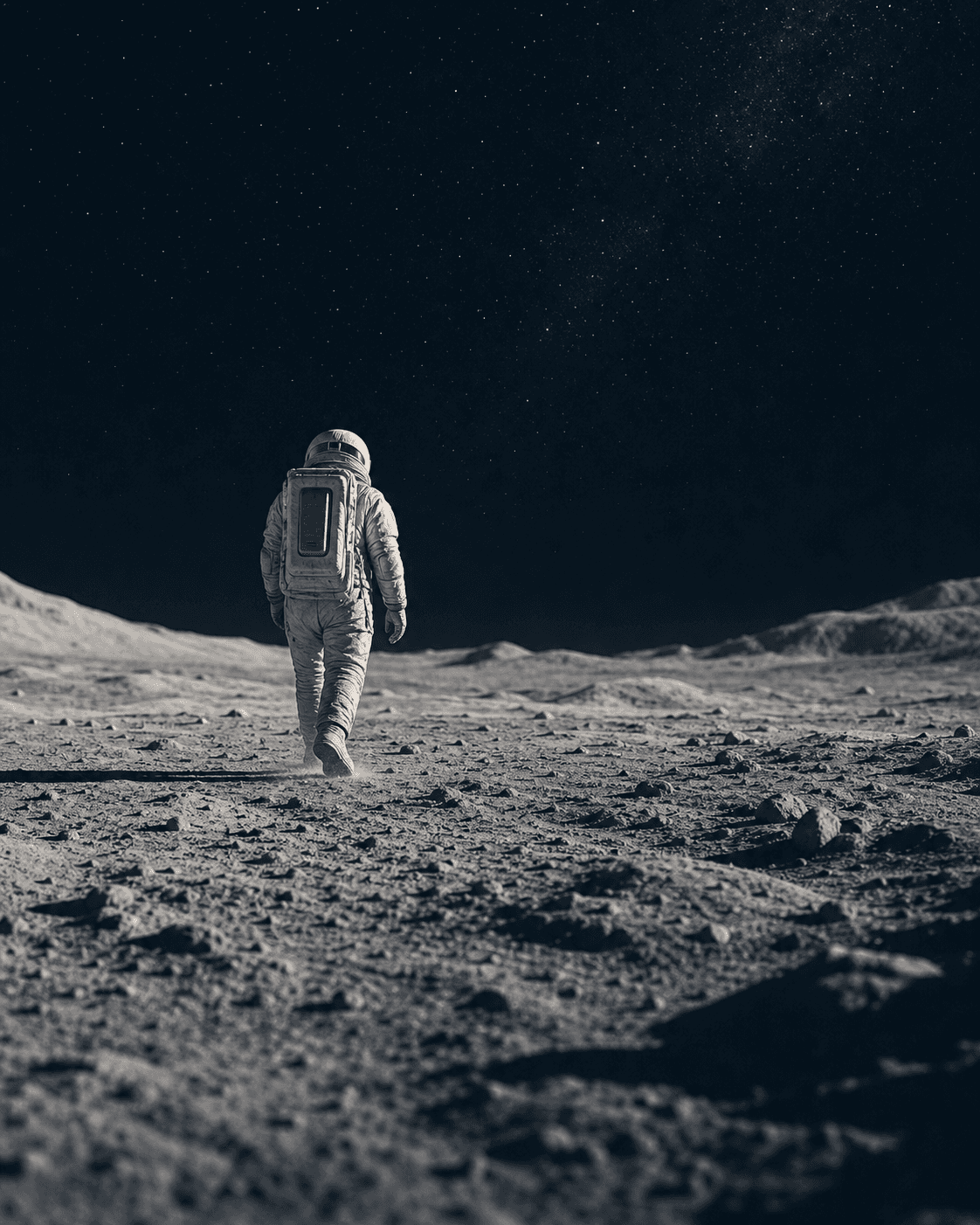 An astronaut walks across a quiet lunar landscape.