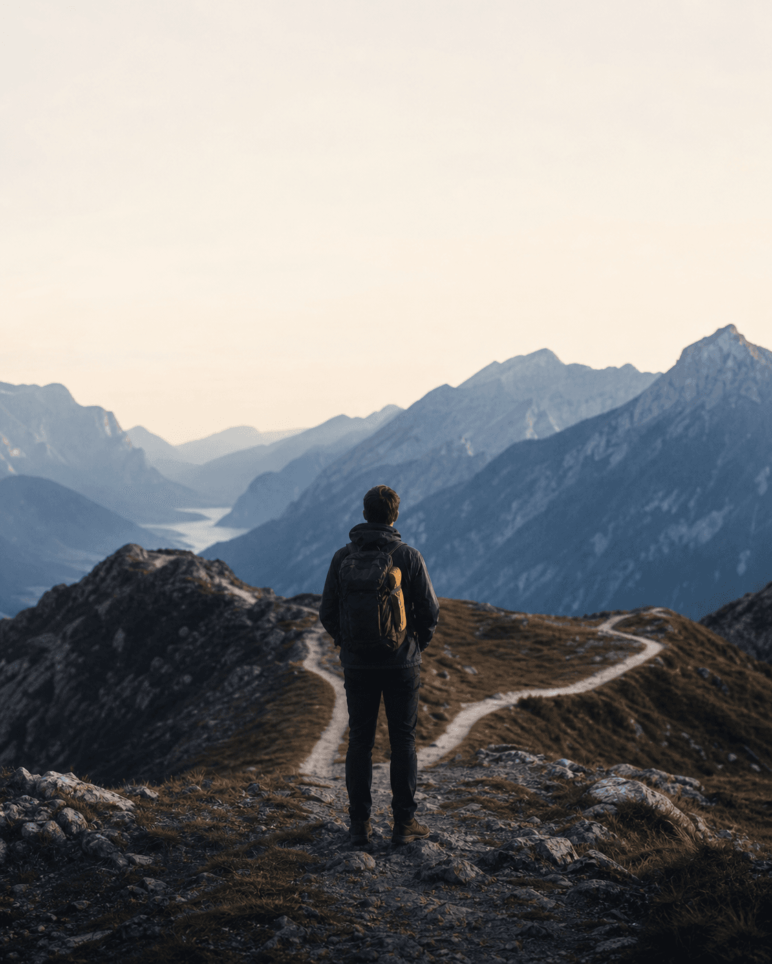 A lone hiker pauses at a branching mountain path.