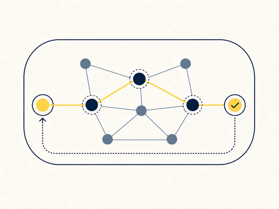 A reviewed path through a governed network from source to approved output.